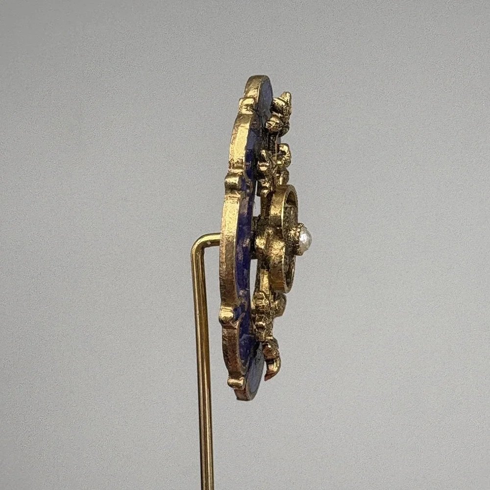 Antique Estate Stick Pin Blue Enamel Faux Pearl Regal Gold Vines and Pinstop